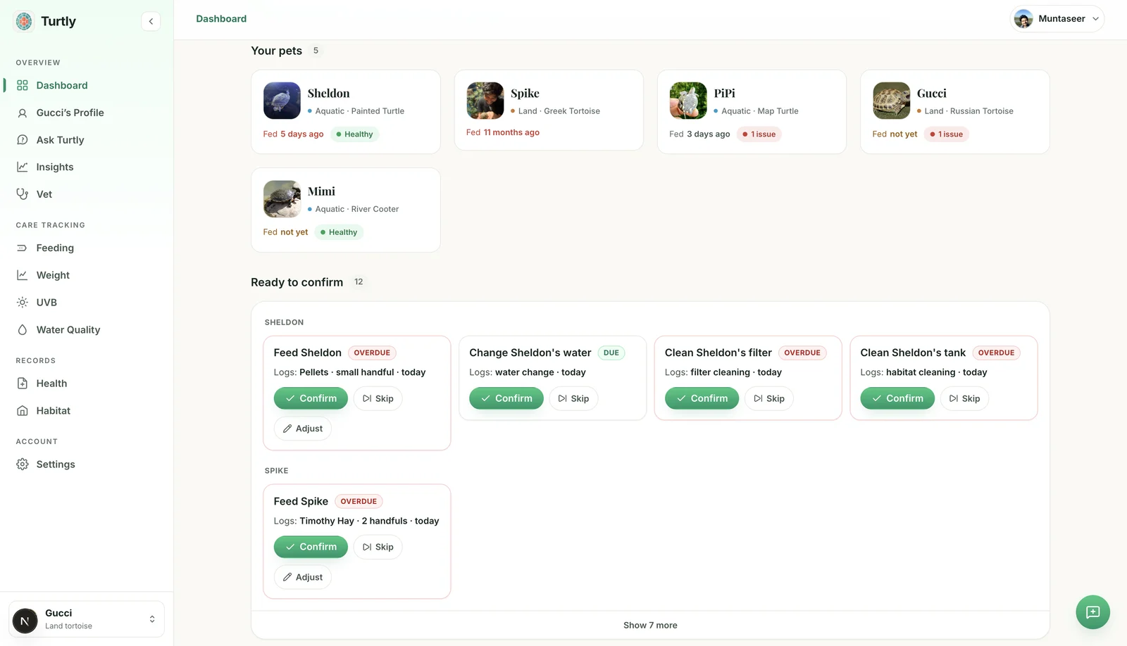 Turtly dashboard — every turtle and tortoise, and what needs care today
